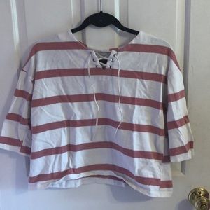 PINK AND WHITE STRIPED LACE UP SHIRT